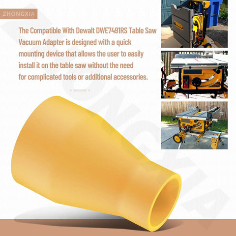 Yellow table saw vacuum adapter connects two and a half inch table saw outlet to one and seven eighths inch shop vac hose