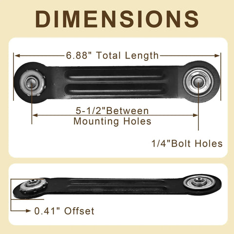4 Pack Glider Bearing Arm Bracket Hardware Replacement Parts, 6.88 Inch Length, 5.5 Inch Center To Center, One Quarter Inch Bolt Holes, Black Galvanized Finish, Easy Do It Yourself Install For Rocker Style Gliders, dimensions view