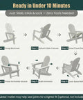 Assembly steps for All Weather HDPE Adirondack Chair With Built In Cup Holder Tool Free No Screws Needed No Hassle Easy To Take Apart For Storage Wood Grain Slatted Look Snap Fit Design For Quick Assembly Classic Black Outdoor Patio Chair