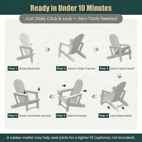 Assembly steps for All Weather HDPE Adirondack Chair With Built In Cup Holder Tool Free No Screws Needed No Hassle Easy To Take Apart For Storage Wood Grain Slatted Look Snap Fit Design For Quick Assembly Classic Black Outdoor Patio Chair