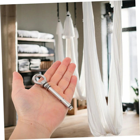 Stainless Steel Eye Bolts Hanger Kit For Heavy Duty Lifting And Hanging Expansion Bolts With Snap Hooks Five Piece Set For Pro Grade Secure Rigging Gear Racks And Hardware Projects, installed in indoor hammock
