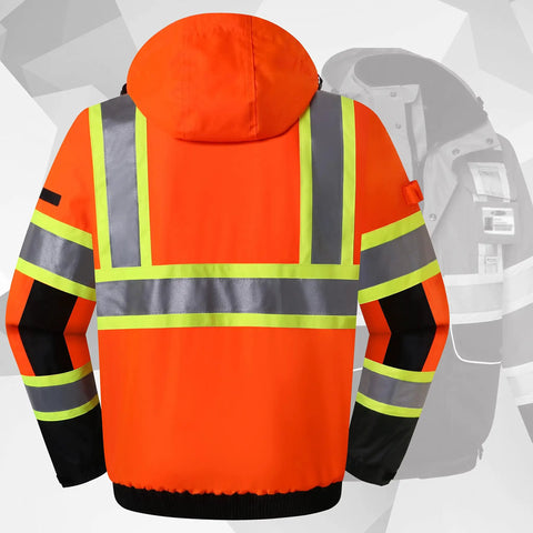 Back view of Hi Vis Winter Bomber Jacket With 10 Pockets Waterproof 3M Reflective For Men And Women Detachable Hood Orange Black
