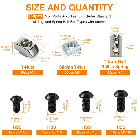 230 Piece M5 T Nut And Screw Kit For 2020 And 2040 Aluminum Extrusion Rails with T-nuts and screws assortment.