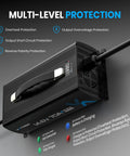 Heavy Duty 14v 70a Lifepo4 Battery Charger For 12v Lithium Systems showing multi-level protection features and LED indicators.