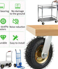 Heavy Duty Swivel Pneumatic Caster Wheels Pack Of Two In Six Eight Or Ten Inch Sizes With Tough As Nails Steel Brackets For Easy Glide furniture moves with durable rubber tires on a workbench.