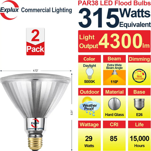 PAR38 LED Flood Light Bulb 315 Watt Equivalent Ultra Bright 4300 Lumens Non Dimmable Full Glass Outdoor Waterproof Anti Aging 5000K Daylight 2 Pack Bundle
