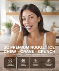 Woman enjoying soft chewable ice from Sweet Crunchy Nugget Ice Maker For Countertop in modern kitchen setting.