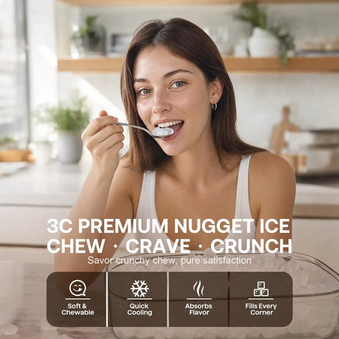 Woman enjoying soft chewable ice from Sweet Crunchy Nugget Ice Maker For Countertop in modern kitchen setting.