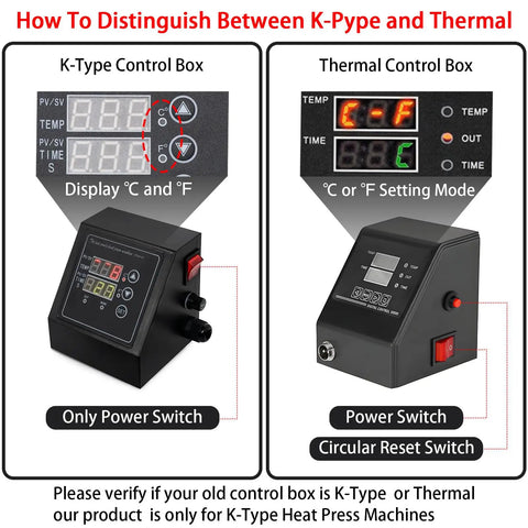 Comparison of K-Type and Thermal control boxes for 1400W Heat Press Powerhouse With K Type Temperature Controller And LED Time Display