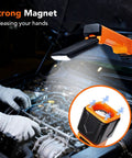 Mechanic using All In One Rechargeable Work Light With Dual COB Flood And LED Spotlight connected to car hood for engine repair