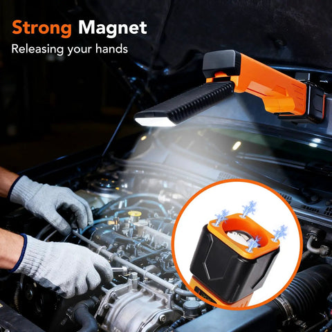 Mechanic using All In One Rechargeable Work Light With Dual COB Flood And LED Spotlight connected to car hood for engine repair