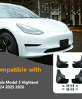 Heavy Duty Front And Rear Mud Flaps For Tesla Model 3 Highland 2024 Through 2026 All Season Splash Guards displayed with vehicle.