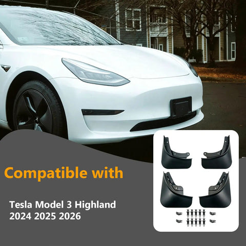 Heavy Duty Front And Rear Mud Flaps For Tesla Model 3 Highland 2024 Through 2026 All Season Splash Guards displayed with vehicle.