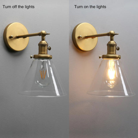 1 Light Wall Mount Sconce With Funnel Flared Clear Glass Shade Handblown Glass Lampshade Dope Industrial Antique Gold Finish