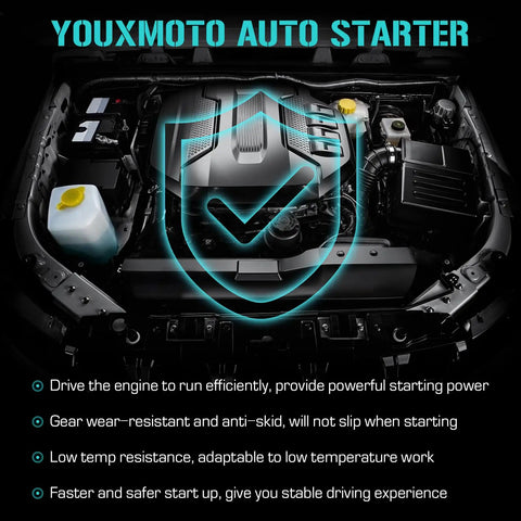 Car engine bay showcasing a Ford 3.5L Starter Motor Plug And Play Fit For Edge 07-16, Explorer 11-17, and related models.