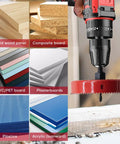 Beefy Bi-Metal Hole Saw Kit With Arbor For Metal Wood And Plastic, 2-1/2 Inch showing drill cutting through board materials