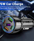 Upgraded Five Port Seventy Five Watt Car Charger Adapter With Ultra Fast Type C Plus Quick Charge Cigarette Lighter Plug For Phones Tablets Dashcams And Coolers Led Night Glow Works In Every Whip Dope Black Design showing charging ports with sleek design.