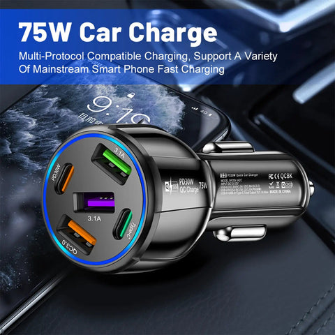 Upgraded Five Port Seventy Five Watt Car Charger Adapter With Ultra Fast Type C Plus Quick Charge Cigarette Lighter Plug For Phones Tablets Dashcams And Coolers Led Night Glow Works In Every Whip Dope Black Design showing charging ports with sleek design.