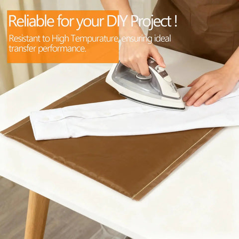 Ironing a shirt sleeve on a Nonstick PTFE Heat Press Pillow Set for Screen Printing and HTV Sublimation, heat resistant up to 428F, brown pad.