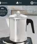 Aluminum Stovetop Percolator Coffee Maker Delivers Rich Flavor In Minutes 9 Cup Durable Silver Finish For Easy No Fuss Brewing On Your Kitchen Stove Designed For Everyday Home Use And Camping Coffee Lovers