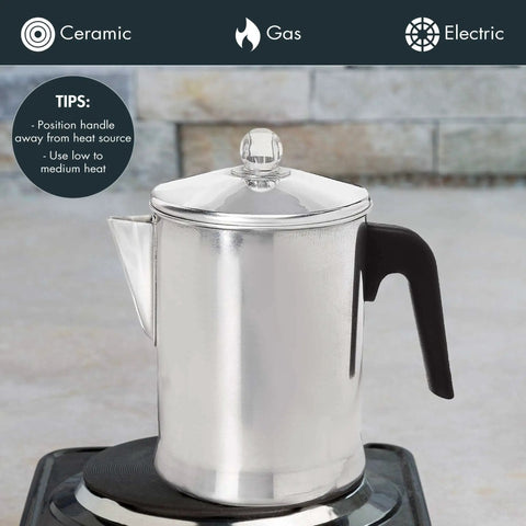 Aluminum Stovetop Percolator Coffee Maker Delivers Rich Flavor In Minutes 9 Cup Durable Silver Finish For Easy No Fuss Brewing On Your Kitchen Stove Designed For Everyday Home Use And Camping Coffee Lovers