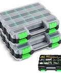 Two Pack 34 Compartment Double Sided Parts Organizer Case All In One For Hardware Screws Bolts Nails Nuts Beads Jewelry Craft Supplies And Fishing Gear Durable Plastic Storage Box Green, showing stacked clear lid storage boxes with green latches.