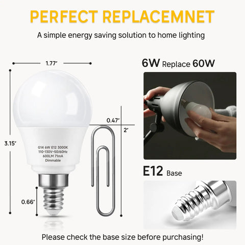 Dimmable E12 LED Bulbs A15 Globe Shape 6W Actual 60W Equivalent Warm White 3000K shown with base and dimensions.