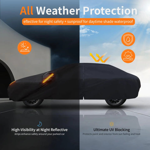 All Weather Heavy Duty Outdoor Car Cover For Exterior Protection, Premium Sedan Shield 186 To 193 Inches, Night Reflective