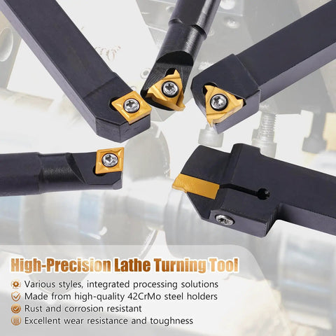 Close-up of All In One Pro Grade Indexable Lathe Tool Set 21 Pieces 3/8 Inch Shank With 7 Metal Lathe Tool Holders and carbide inserts.