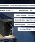 Heavy Duty 50 Amp 2 Pole Circuit Breaker With Plug In Mount And Visual Trip Indicator, sturdy design for residential load centers.
