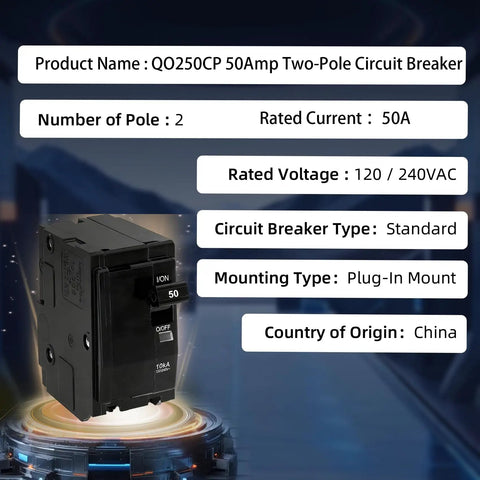 Heavy Duty 50 Amp 2 Pole Circuit Breaker With Plug In Mount And Visual Trip Indicator, sturdy design for residential load centers.