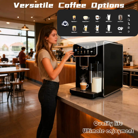 Top Shelf Fully Automatic Espresso Machine With Built In Grinder One Touch Cappuccino Latte Americano Self Cleaning No Drama Quick Grind Go To Coffee Station in cafe setting