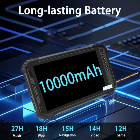 Kickass 8 Inch Rugged Tablet With Fingerprint Android 15 Octa Core 8GB 256GB Storage IP65 Waterproof Mil Std Drop Proof 10000mAh Battery displayed with power stats.