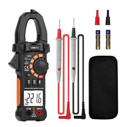 True RMS 6000 Counts Digital Clamp Meter Multimeter with probes, batteries, and case for AC DC current voltage NCV testing
