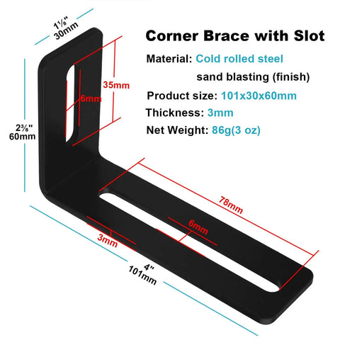 Ten Pack Four Inch Black Adjustable L Shape Corner Braces With Slot Beefy Steel Right Angle Brackets For PC Case And Wood Furniture One Eighth Inch Thick Maximum Load About Thirty Pounds diagram