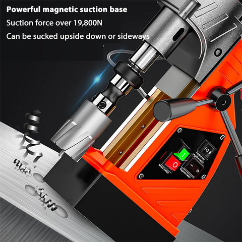 Heavy-Duty Magnetic Drill Press With 1380W Copper Motor And 16mm Boring Capacity showcasing powerful magnetic suction base highlighting suction force over 19800N.