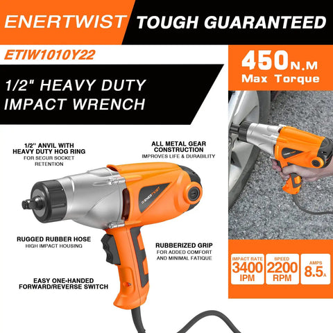 8.5 Amp Electric Impact Wrench One Half Inch Drive 450 Nm Max Torque Corded Power Tool with Four Sockets