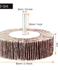 Close-up of Five Pack 3.15 By 1 By One Quarter Inch Shank Mounted Flap Wheel 80 Grit Aluminum Oxide for metal finishing.