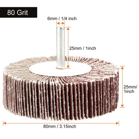 Close-up of Five Pack 3.15 By 1 By One Quarter Inch Shank Mounted Flap Wheel 80 Grit Aluminum Oxide for metal finishing.