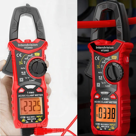Digital Clamp Meter With True RMS For AC And DC Voltage And Current Auto Ranging Pro Grade Multimeter displaying measurements