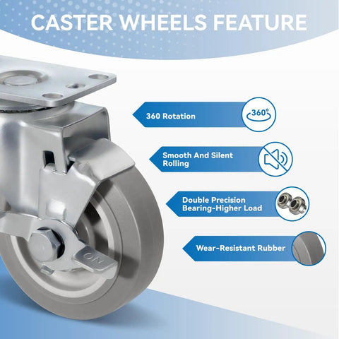 Rock Solid 4 Inch Heavy Duty Caster Wheels Featuring Silent Thermoplastic Rubber Treads And Sturdy Steel Plates for smooth 360 rotation.
