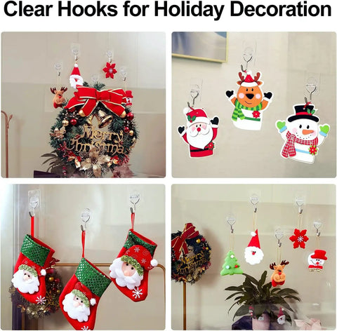 8 Pack Clear Adhesive Wall Hooks Stick On Self Adhesive Stainless Steel Hooks Hang Up To 11 Lbs Great For Bathroom Kitchen Entryway And More Discreet Invisible Mount No Tools Needed used for holiday decor with wreaths and stockings