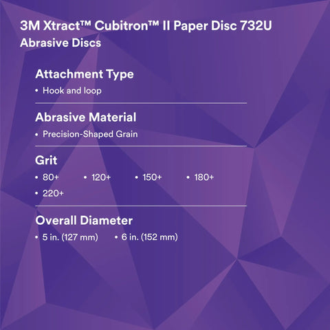Hookit Clean Sanding Disc 732U 120 Plus Grit Vacuum Sanding Disc specs with C weight backing details on purple background