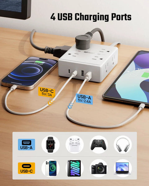 12 In 1 Surge Protector Power Strip With 15 Ft Flat Plug, 8 AC Outlets, 2 USB-C Ports, 2 USB-A Ports, 4-Side Design To Prevent Outlet Blockage, Overload Protection, Power Up Your Home Office And Entertainment Setup on desk with devices