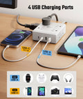 Game Changer Ten Foot Extension Cord With Flat Plug Surge Protector Power Strip providing eight AC outlets and dual USB ports on desk.