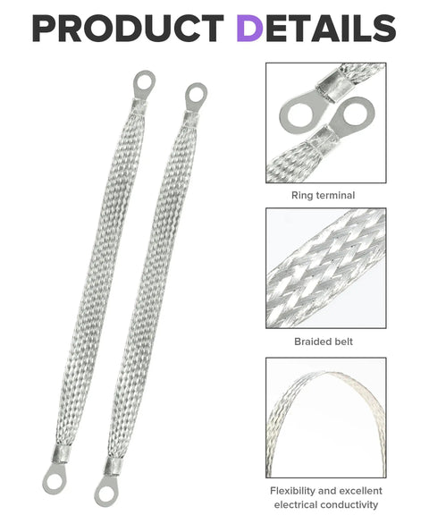 Two 10 inch flat braided copper grounding straps with ring terminals for Heavy Duty 5 Pack Copper Ground Straps For Tuned Rides.