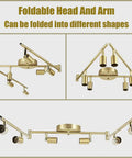 Golden Finish 6 Light LED Track Lighting Kit With Rotatable Heads, showing foldable design in three configurations
