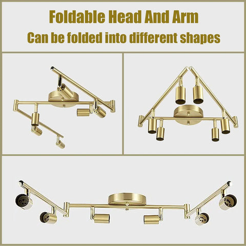 Golden Finish 6 Light LED Track Lighting Kit With Rotatable Heads, showing foldable design in three configurations