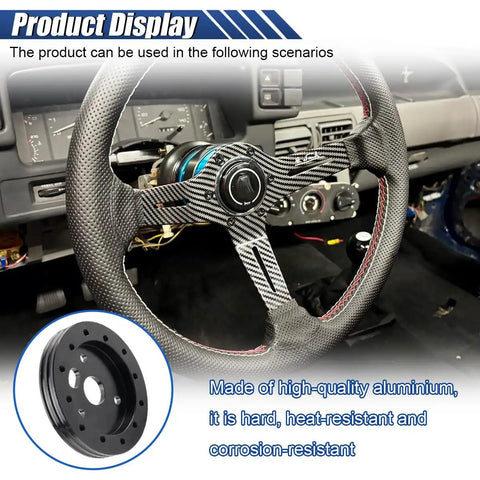 Top Shelf Steering Wheel Hub Adapter Spacer Kit Crafted From Heavy Duty Black Aluminum For Rock Solid Fitment And Sweet Daily Driver Handling Upgrade Your Cockpit Game Today installed in a cockpit with aftermarket wheel
