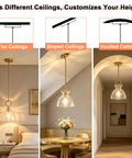 Super Sleek Brushed Gold Pendant Light For Kitchen Island Featuring Fully Adjustable Hanging Cord And Large Clear Glass Shade in various ceiling types.